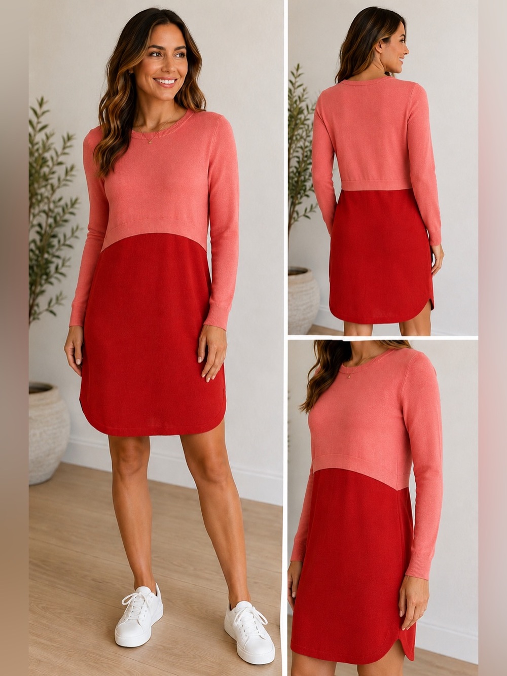 Colorblock Knit Shift Sweater Dress Pink Bodice Coral Skirt Long Sleeve Pullover